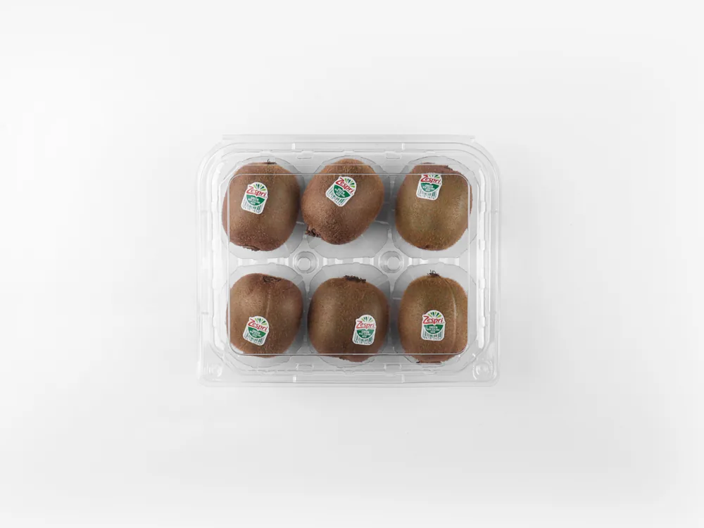 STL-016D kiwi clamshell container holding six fresh kiwis (white bg)