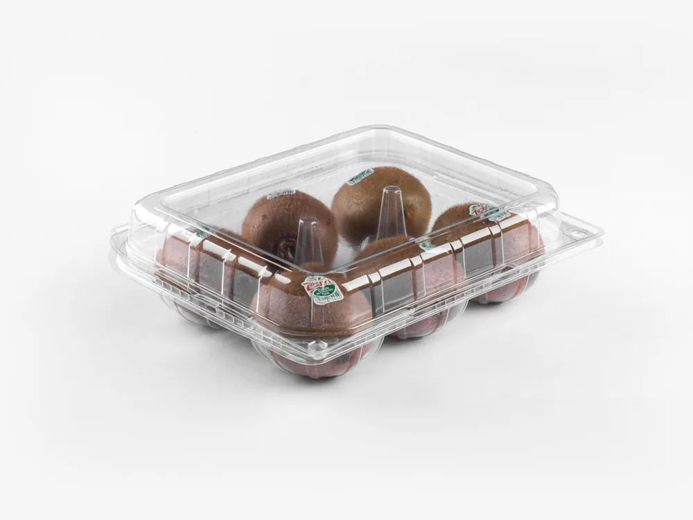 STL-016D kiwi clamshell packaging featuring six fresh kiwis — clear plastic fruit container