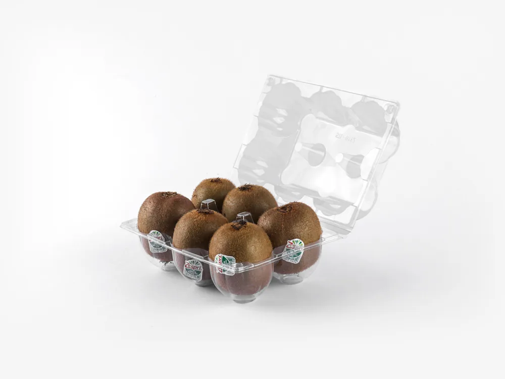 STL-016Z kiwi clamshell container holding six fresh kiwis (white bg)
