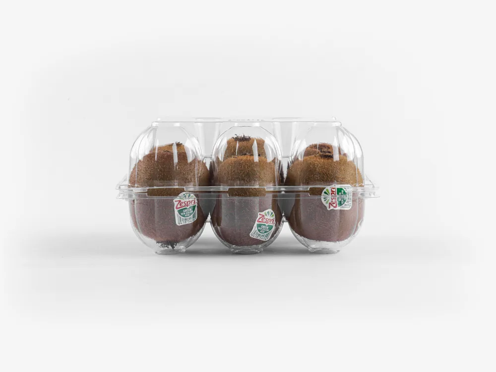 STL-016Z kiwi clamshell container holding six fresh kiwis (white bg)