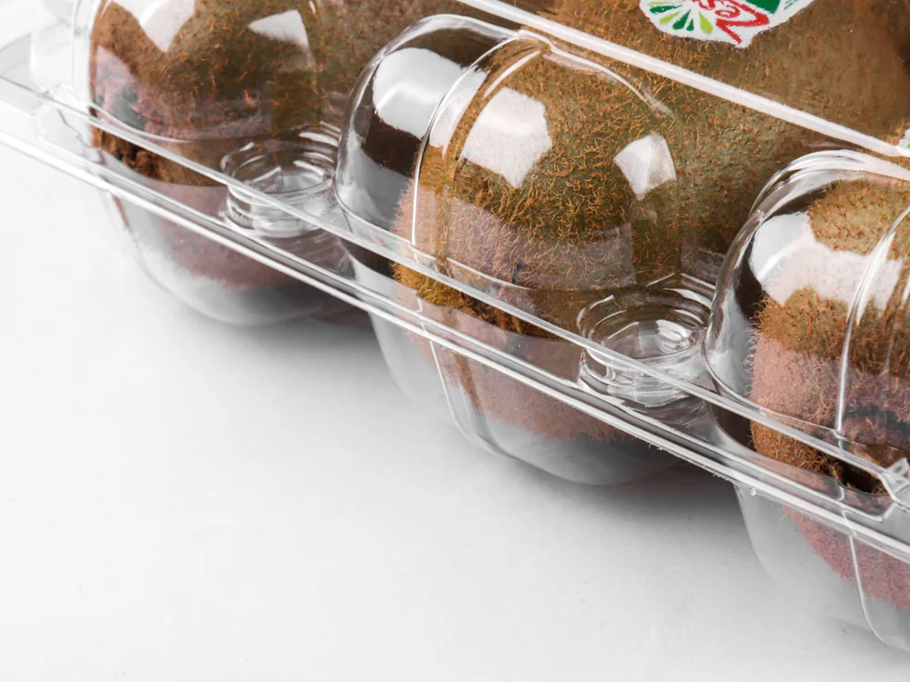 STL-016Z kiwi clamshell container holding six fresh kiwis (white bg)