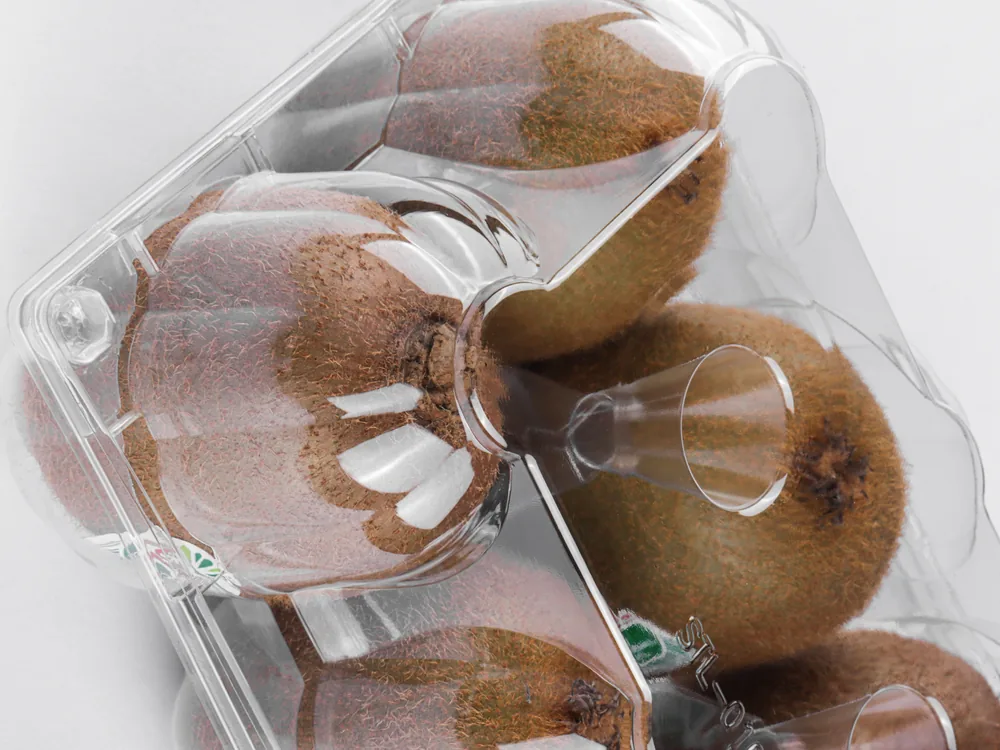 STL-016Z kiwi clamshell container holding six fresh kiwis (white bg)