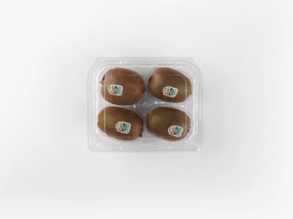 STL-033S-4 kiwi clamshell container holding four fresh kiwis (white bg)