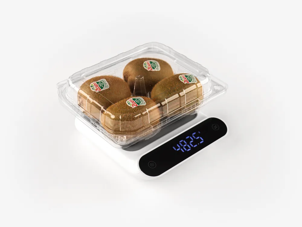 STL-033S-4 kiwi clamshell container holding four fresh kiwis (white bg)