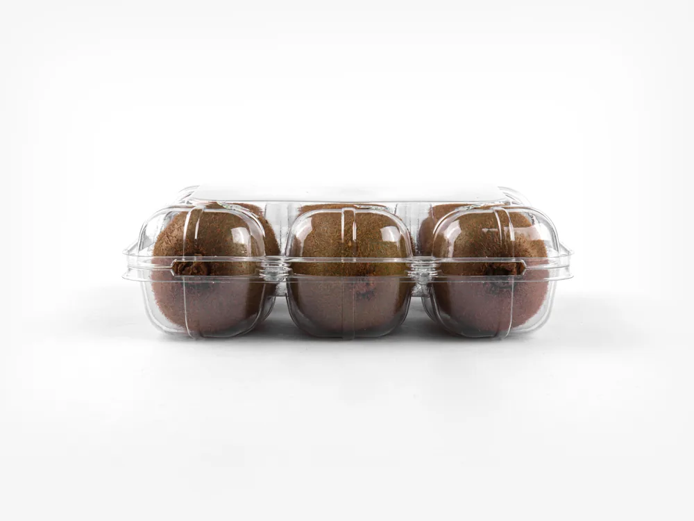 STL-036S-4 kiwi clamshell container holding six fresh kiwis (white bg)
