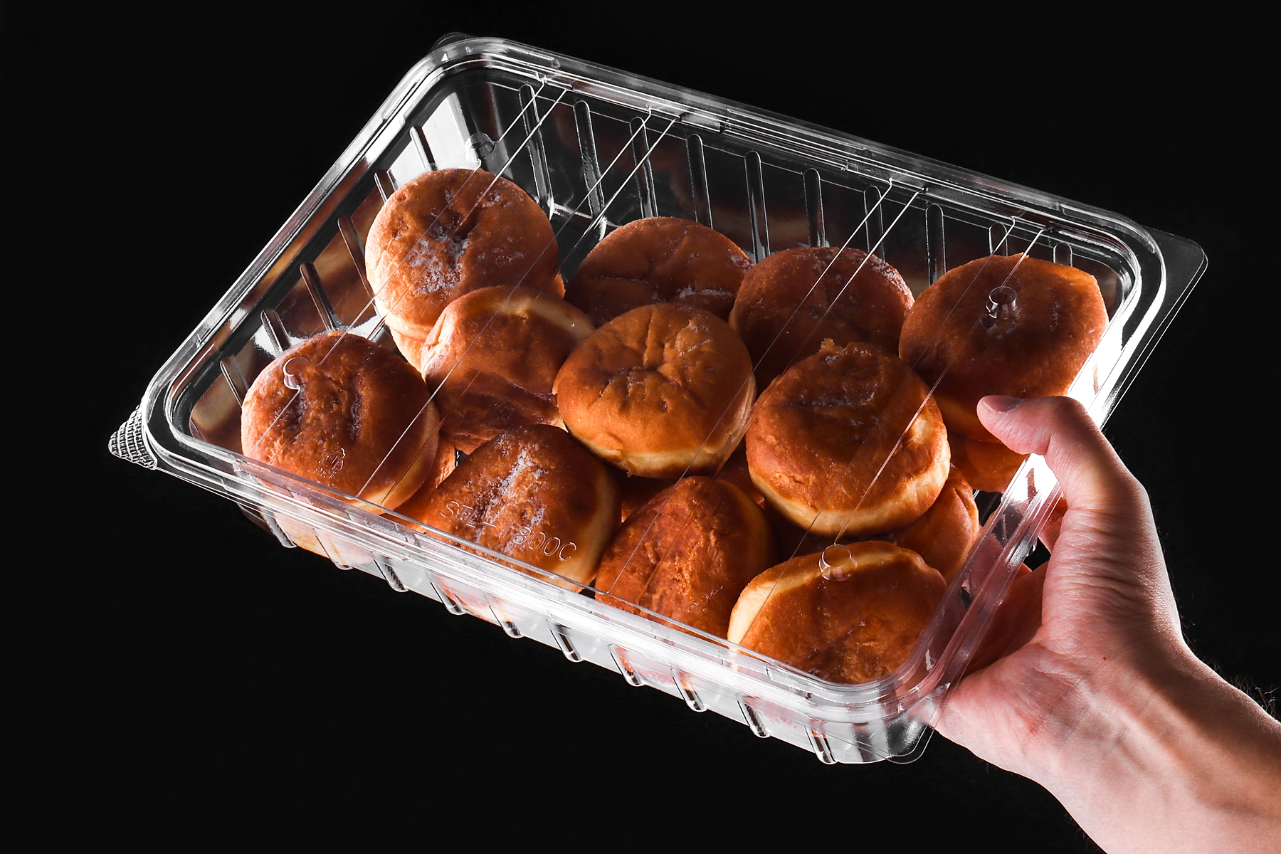 STL-1800C plastic donut container on black background