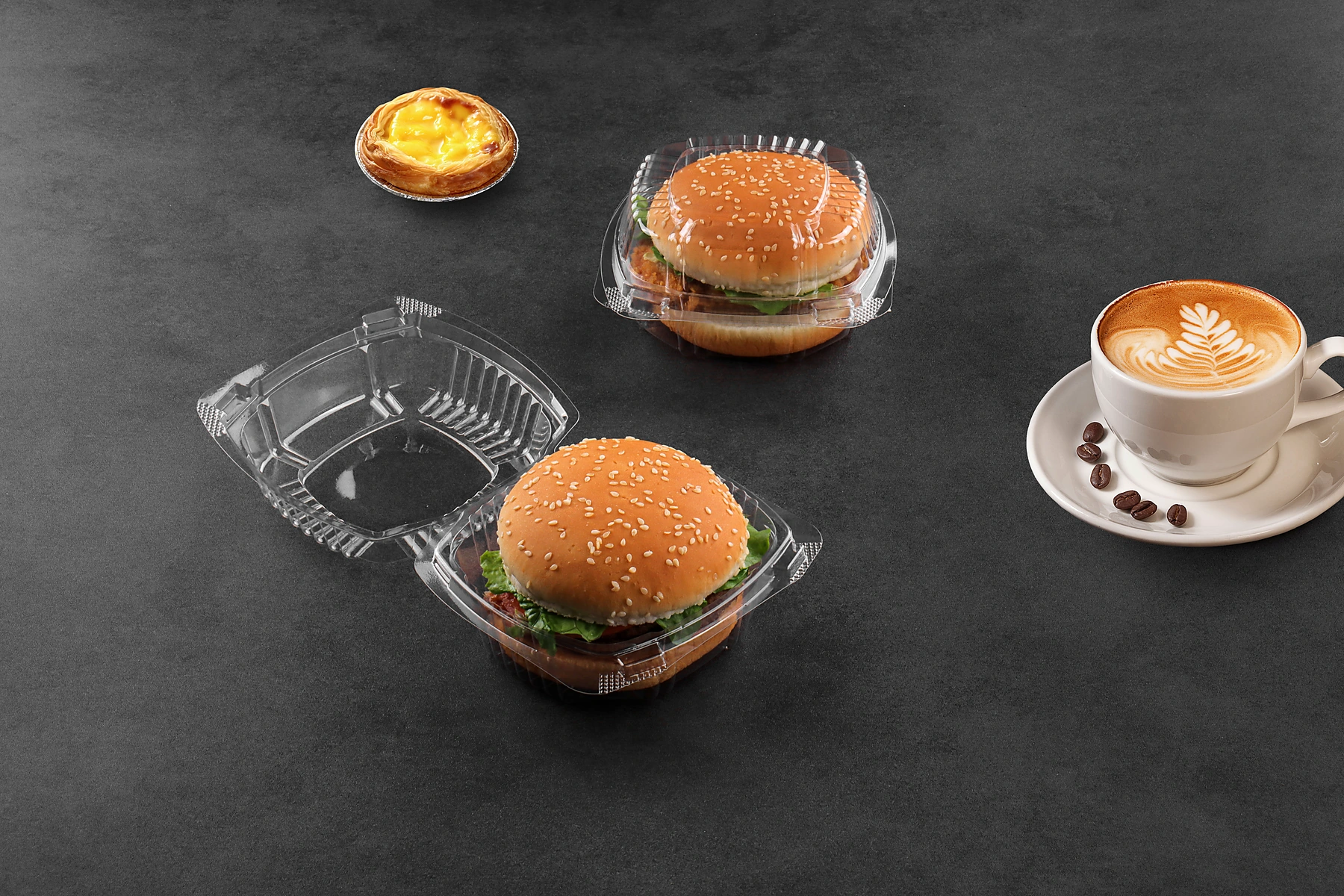 STL-450 plastic burger container with burger in lifestyle setting