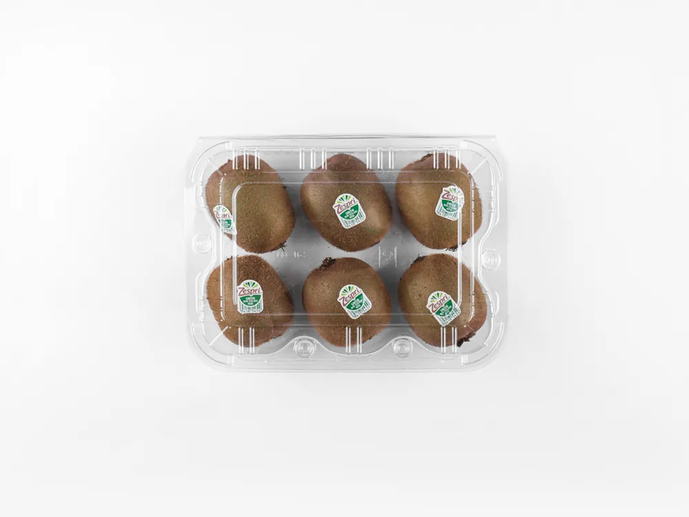STL-6N kiwi clamshell container holding fresh kiwis (white bg)