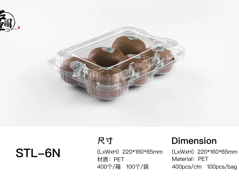 STL-6N kiwi clamshell container holding fresh kiwis (white bg)