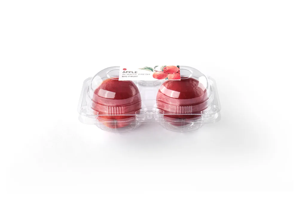 STL-AP2C 2-cavity apple clamshell container holding two fresh apples (white bg)