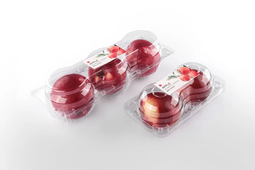 STL-AP2C 2-cavity apple clamshell container holding two fresh apples (white bg)