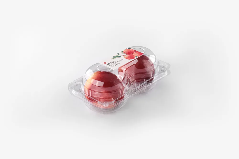 STL-AP2C apple clamshell packaging featuring two fresh apples — clear plastic fruit container