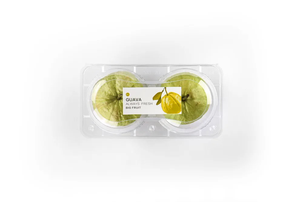 STL-AP2D 2-cavity apple and pear clamshell container holding two fresh fruits (white bg)