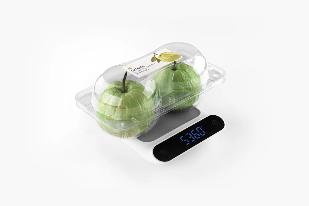 STL-AP2D 2-cavity apple and pear clamshell container holding two fresh fruits (white bg)