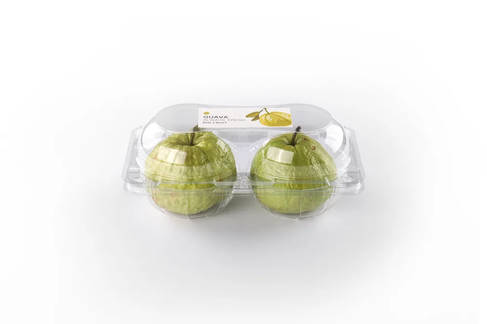 STL-AP2D 2-cavity apple and pear clamshell container holding two fresh fruits (white bg)