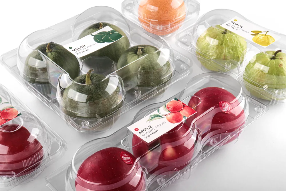 STL-AP2D 2-cavity apple and pear clamshell container holding two fresh fruits (white bg)