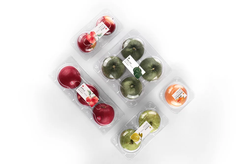 STL-AP2D 2-cavity apple and pear clamshell container holding two fresh fruits (white bg)