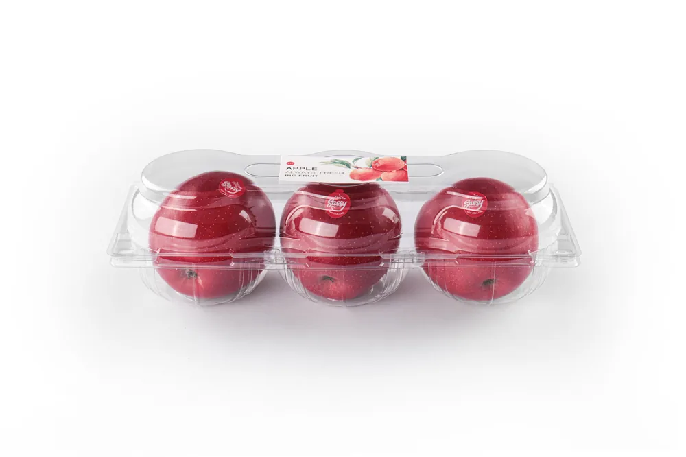 STL-AP3D 3-cavity apple clamshell container holding three fresh apples (white bg)
