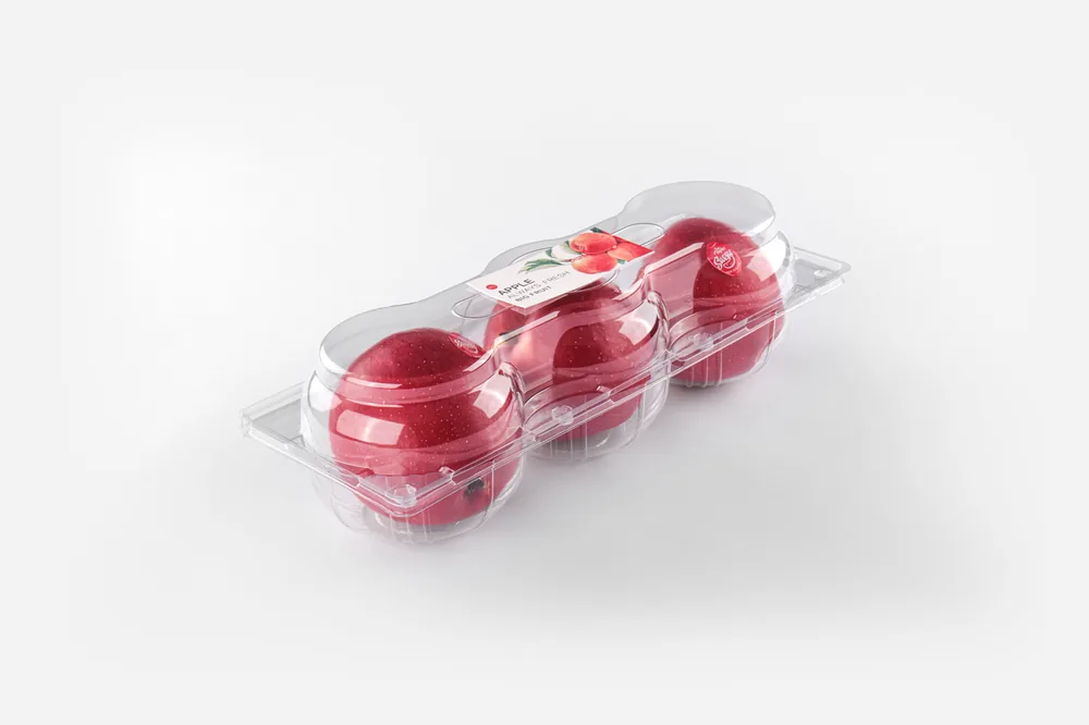 STL-AP3D apple clamshell packaging featuring three fresh apples — clear plastic fruit container