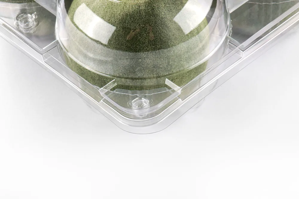 STL-AP4A 4-cavity apple clamshell container holding four fresh apples (white bg)