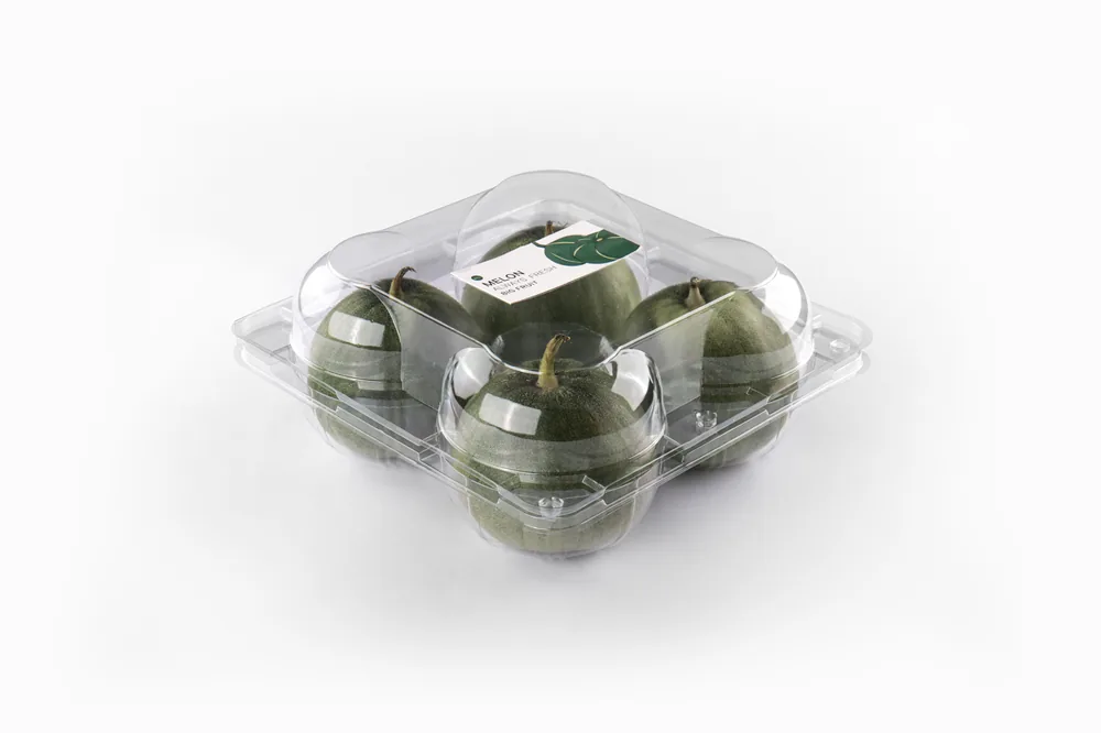 STL-AP4A apple clamshell packaging featuring four fresh apples — clear plastic fruit container