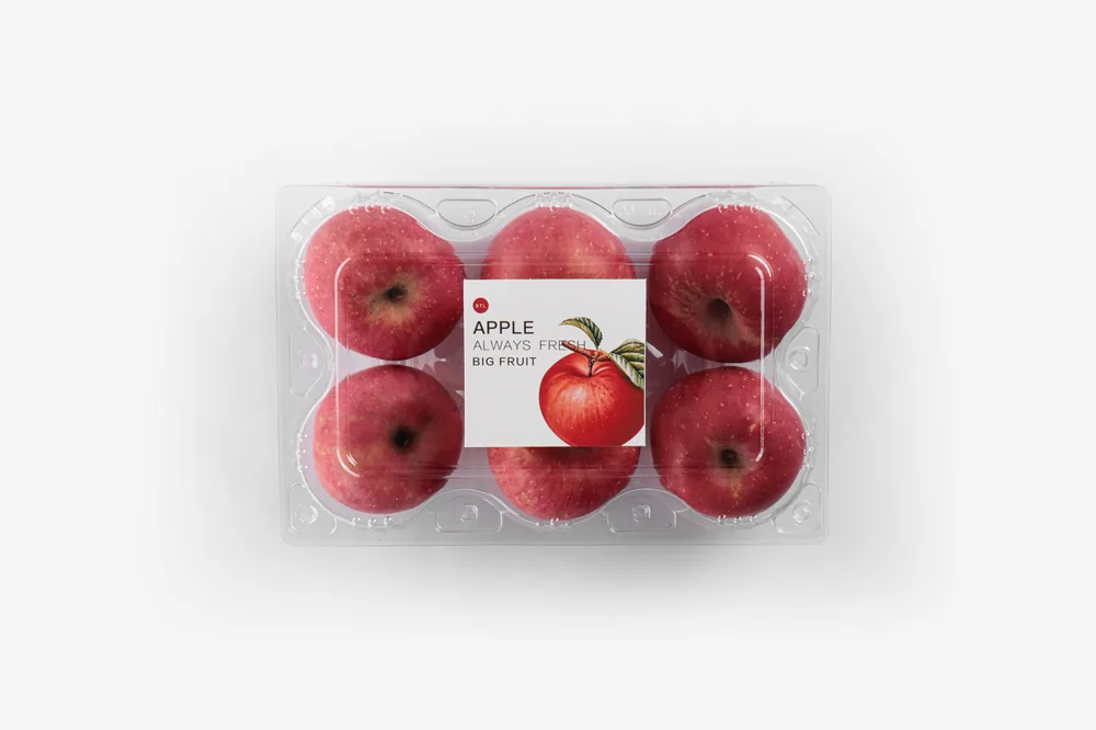 STL-AP6C 6-cavity apple clamshell container holding six fresh apples (white bg)
