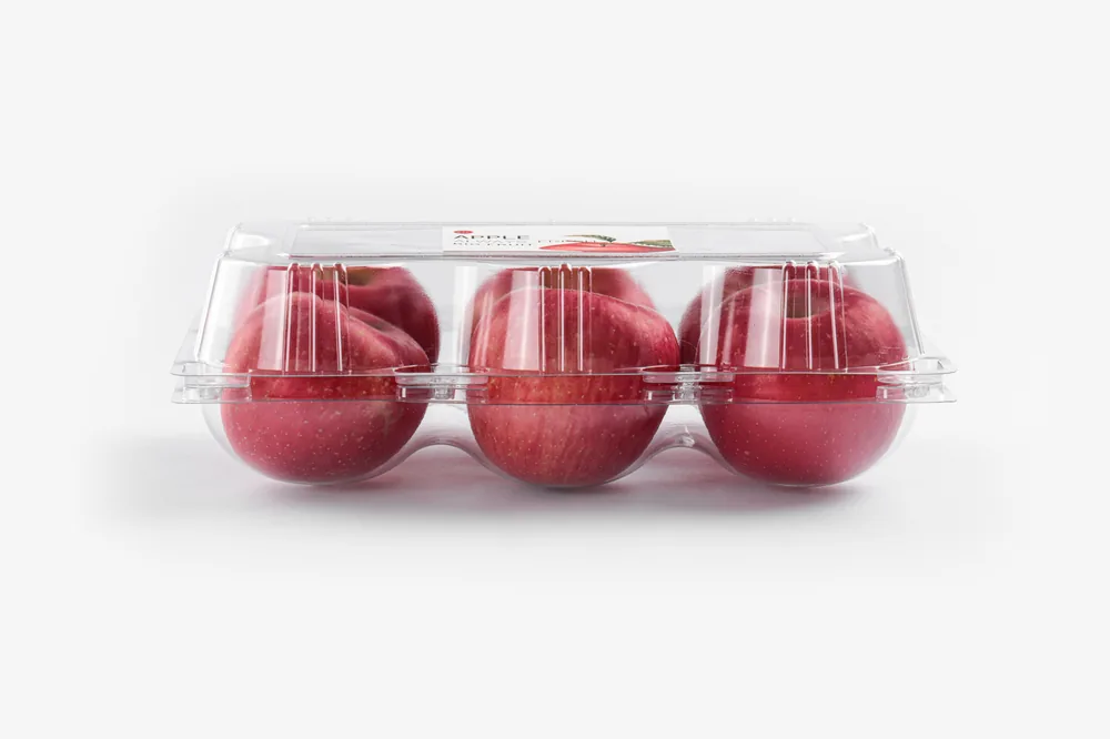 STL-AP6C 6-cavity apple clamshell container holding six fresh apples (white bg)