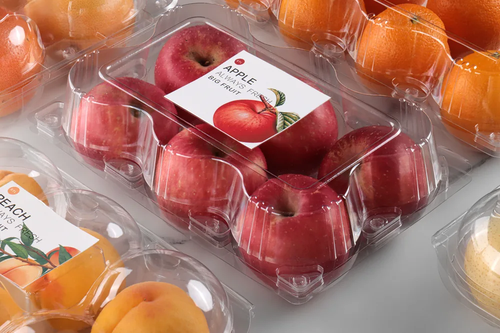 STL-AP6C 6-cavity apple clamshell container holding six fresh apples (white bg)