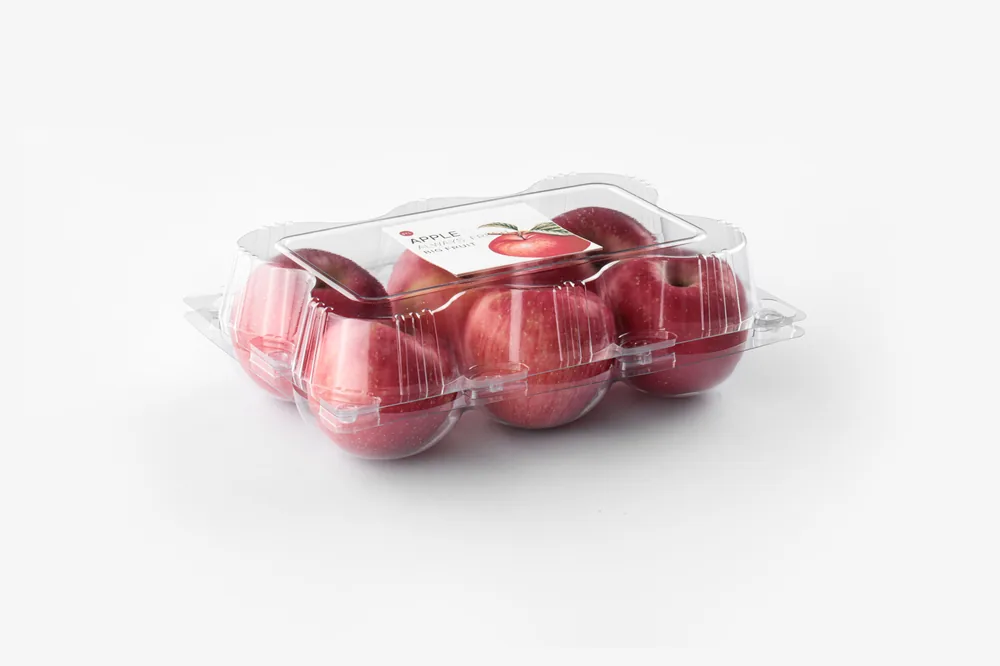 STL-AP6C apple clamshell packaging featuring six fresh apples — clear plastic fruit container