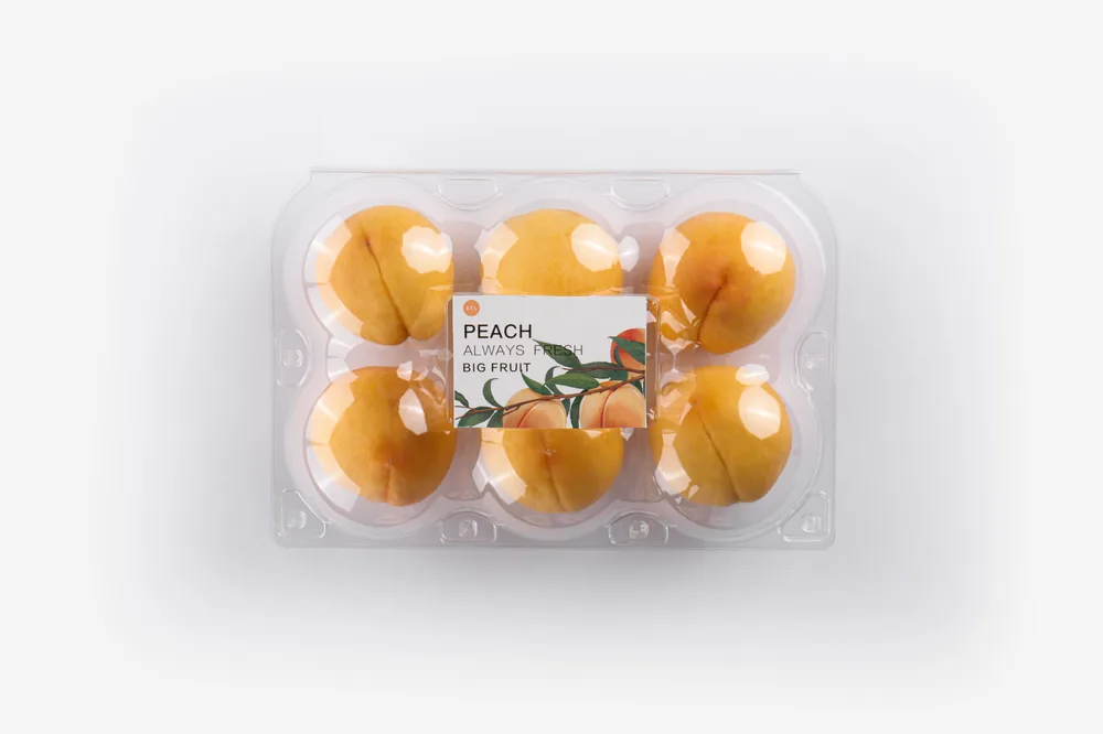 STL-AP6D 6-cavity apple and pear clamshell container holding six fresh fruits (white bg)