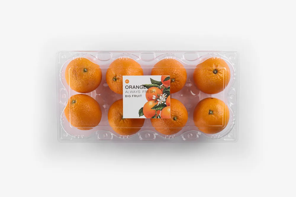 STL-AP8S 8-cavity fruit clamshell container holding eight fresh fruits (white bg)