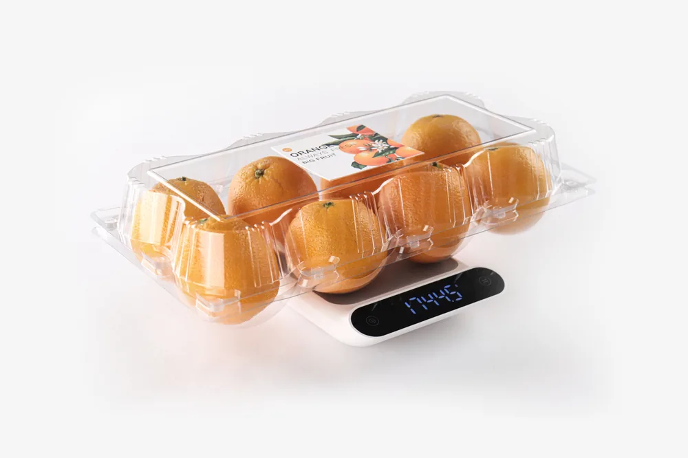 STL-AP8S 8-cavity fruit clamshell container holding eight fresh fruits (white bg)