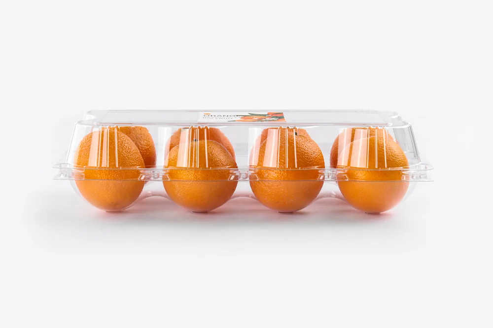 STL-AP8S 8-cavity fruit clamshell container holding eight fresh fruits (white bg)