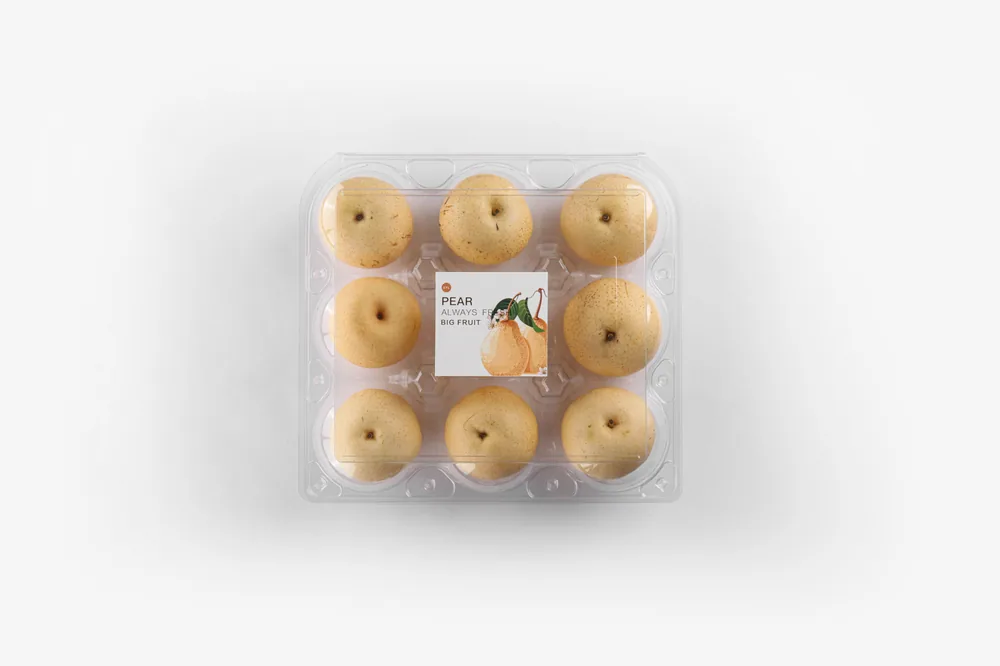 STL-AP9D 9-cavity apple and pear clamshell container holding nine fresh fruits (white bg)