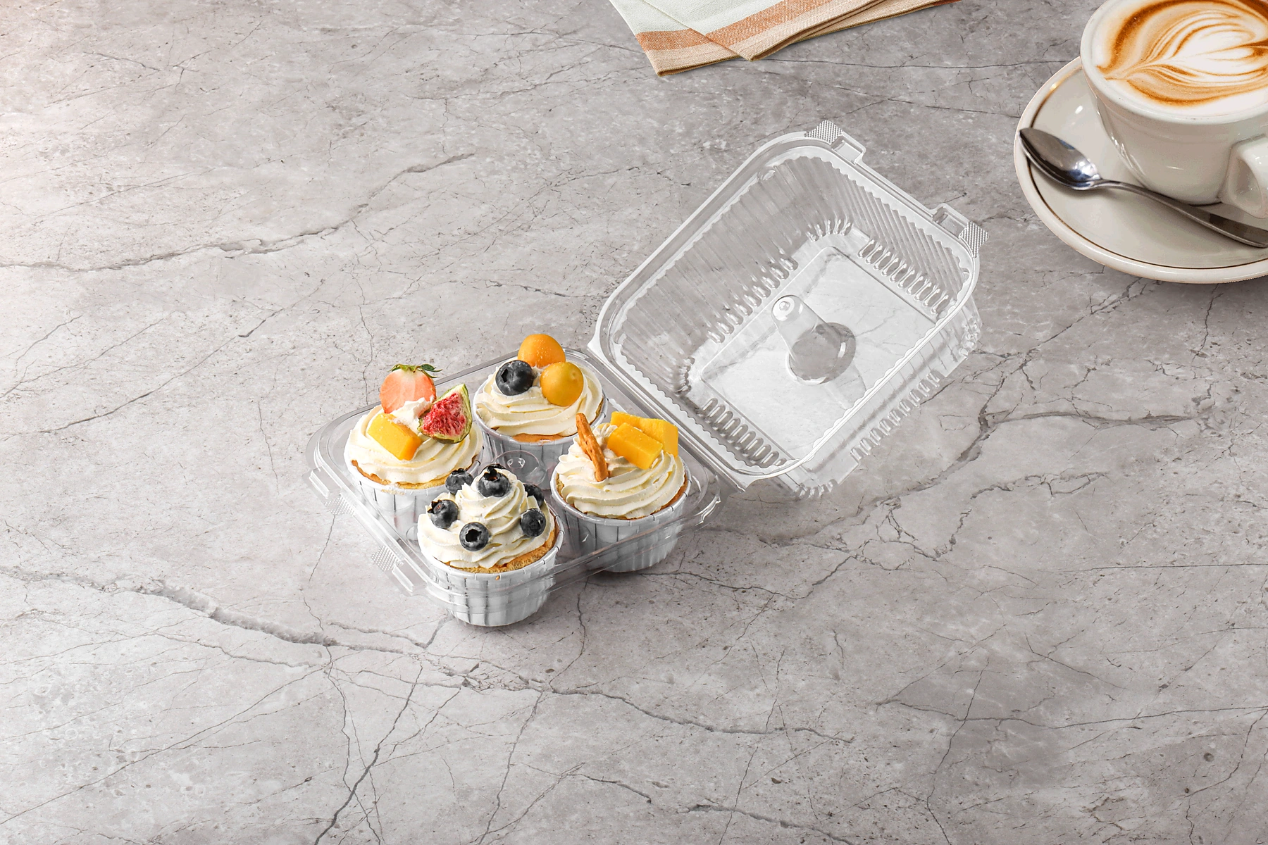 STL-CC4 four-cupcake plastic container with lid on white background