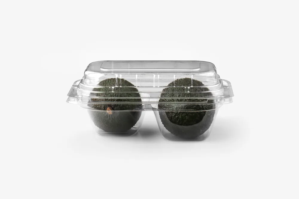 STL-L-02 2-cavity avocado clamshell container holding two fresh avocados (white bg)