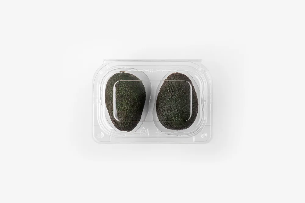 STL-L-02 2-cavity avocado clamshell container holding two fresh avocados (white bg)