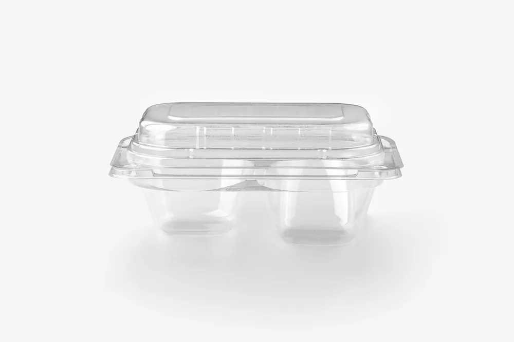 STL-L-02 2-cavity avocado clamshell container holding two fresh avocados (white bg)