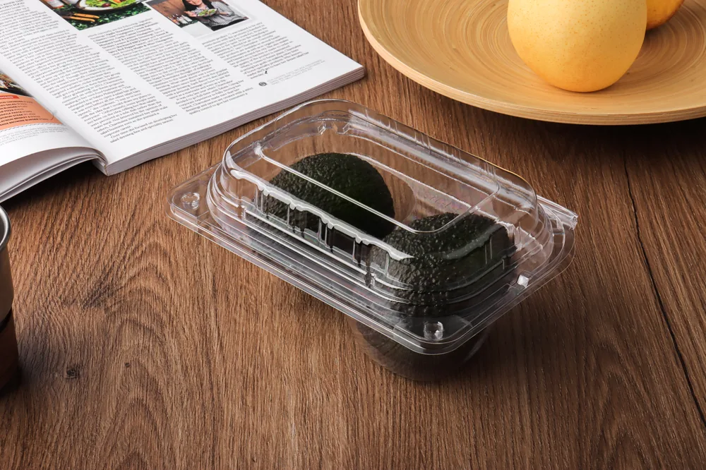 STL-L-02 2-cavity avocado clamshell container holding two fresh avocados (scene)