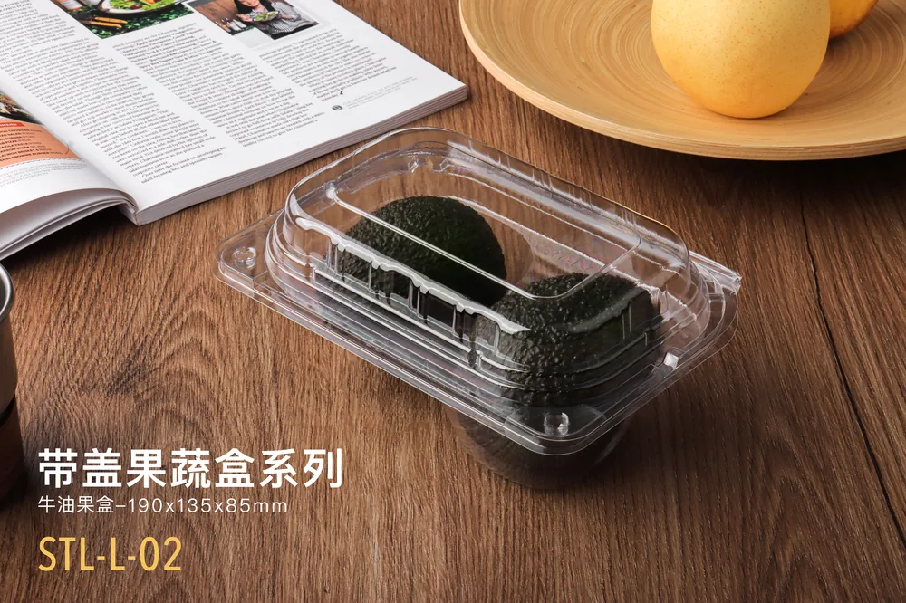 STL-L-02 2-cavity avocado clamshell container holding two fresh avocados (scene)