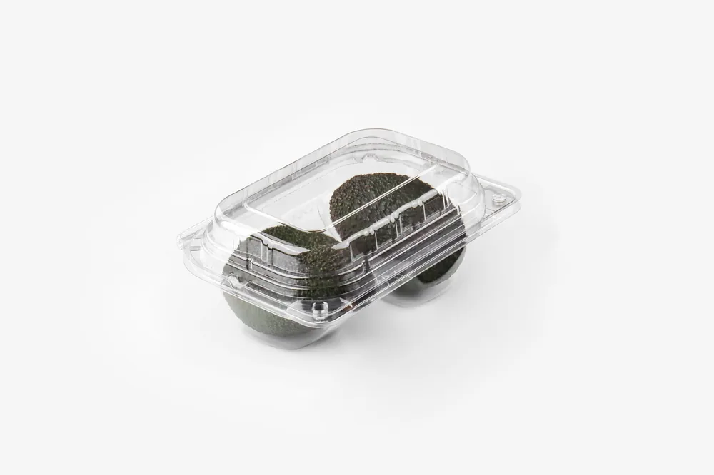 STL-L-02 avocado clamshell packaging featuring two fresh avocados — clear plastic fruit container