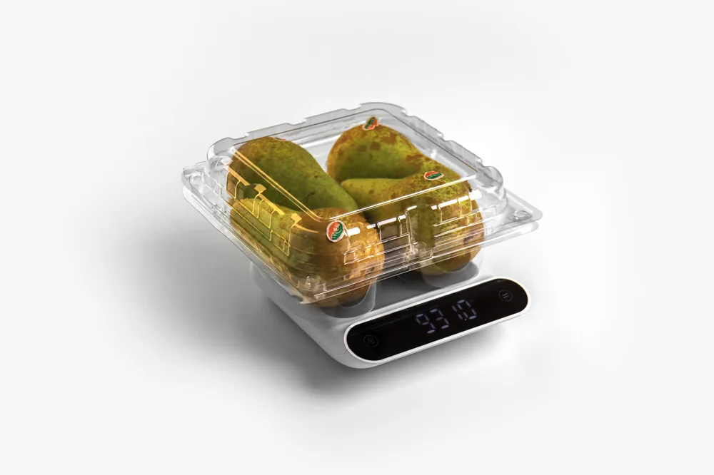 STL-L04 4-cavity fruit clamshell container holding four fresh fruits (white bg)