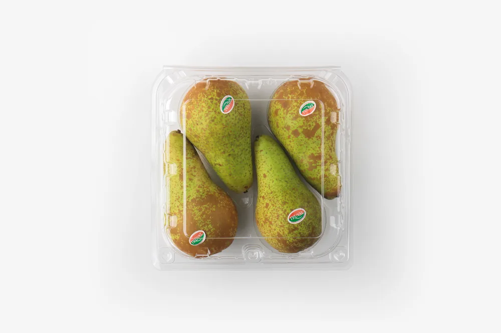 STL-L04 4-cavity fruit clamshell container holding four fresh fruits (white bg)