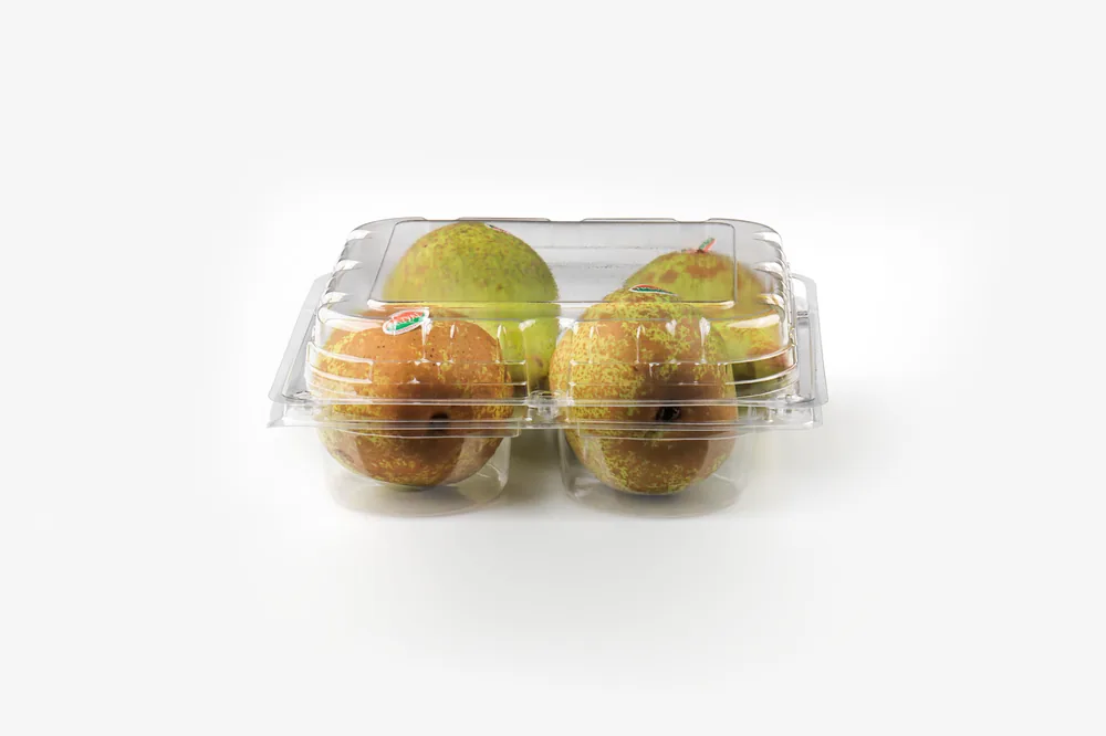 STL-L04 4-cavity fruit clamshell container holding four fresh fruits (white bg)