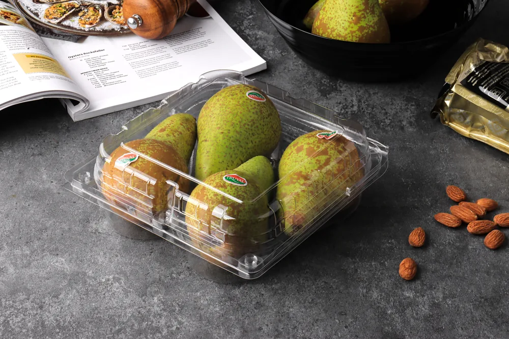 STL-L04 4-cavity fruit clamshell container holding four fresh fruits (scene)