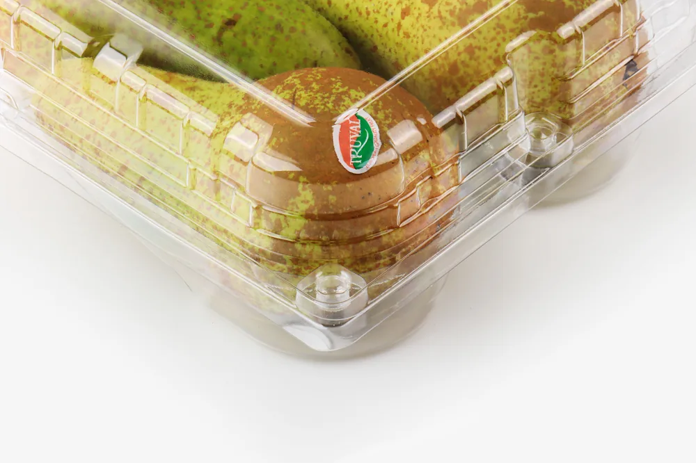 STL-L04 4-cavity fruit clamshell container holding four fresh fruits (white bg)