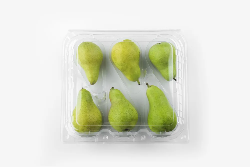 STL-L06 6-cavity fruit clamshell container holding six fresh fruits (white bg)
