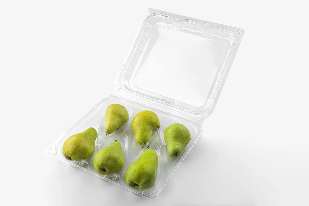 STL-L06 6-cavity fruit clamshell container holding six fresh fruits (white bg)