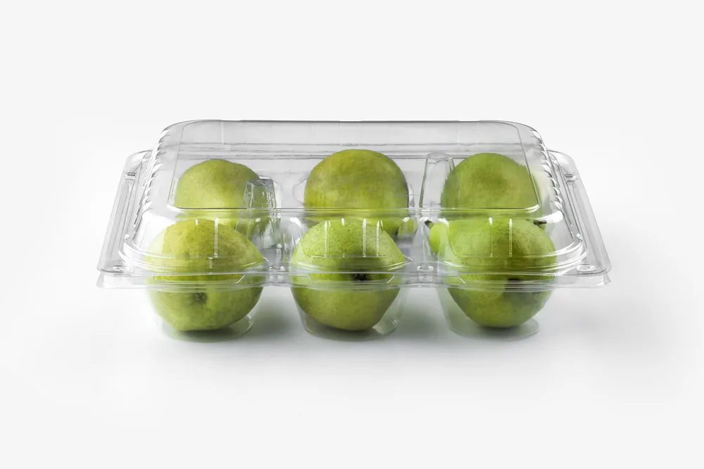 STL-L06 6-cavity fruit clamshell container holding six fresh fruits (white bg)