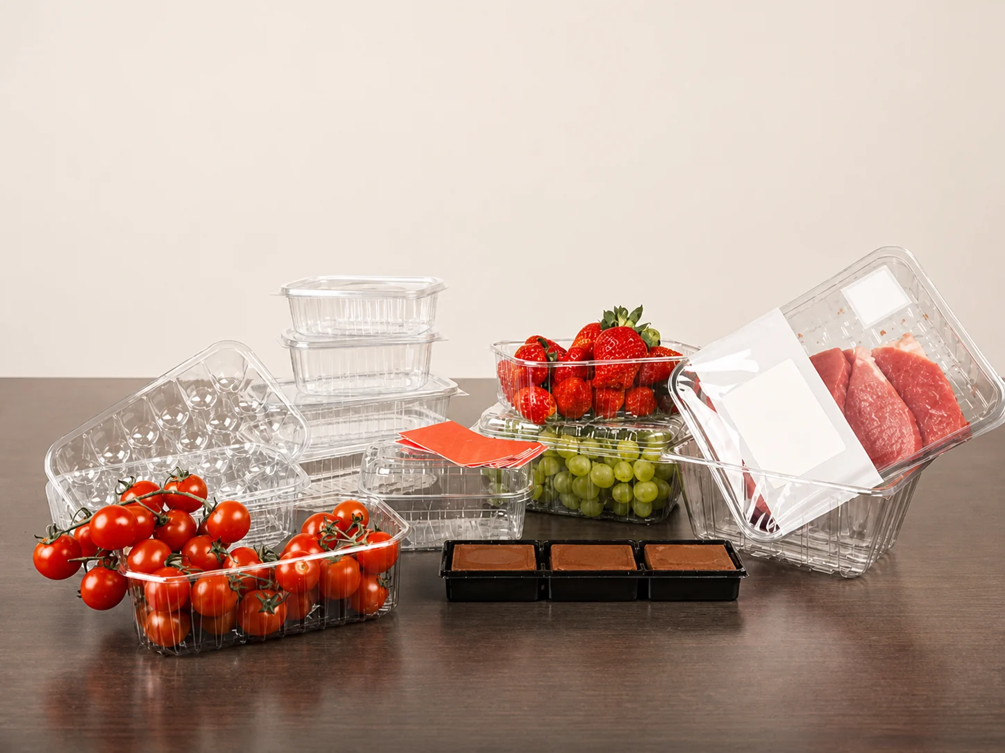 Assorted PET food packaging containers for different food applications.